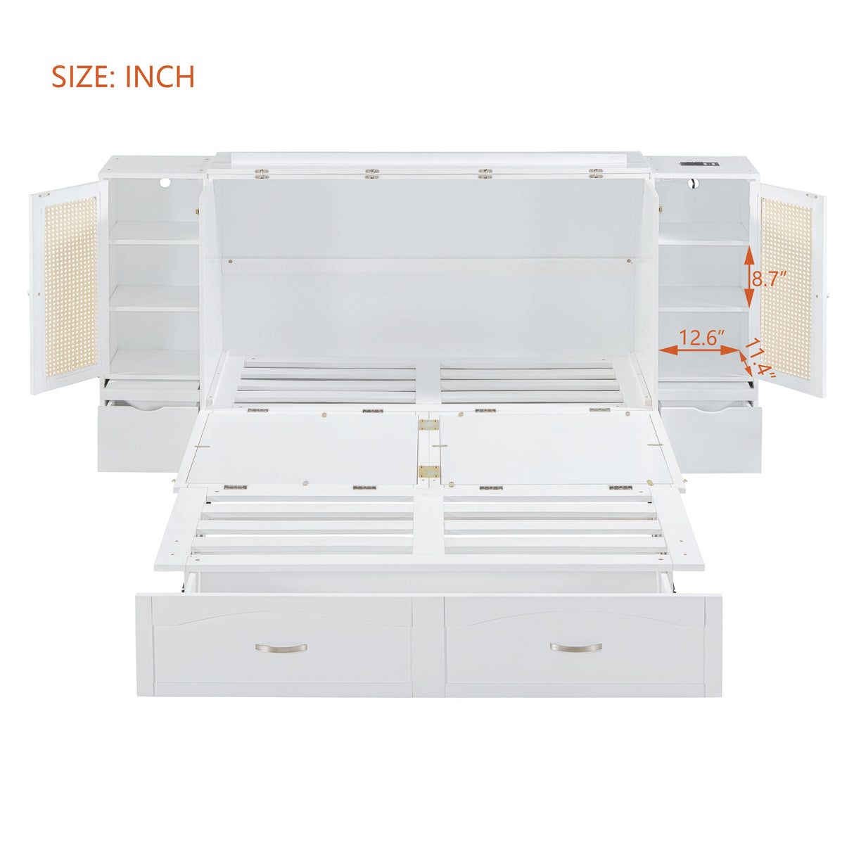 Large Murphy bed wall mounted bed with drawers, 2 storage cabinets, 1 set of sockets and USB ports, white - V.I.P Digital Presence