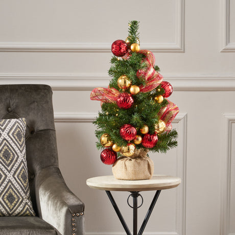 2'RED/GOLD DECORATION BURLAP TREE WITH 50 WARM WHITE LED LIGHTS-BATTERY OPERATED - V.I.P Digital Presence