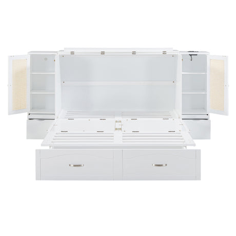 Large Murphy bed wall mounted bed with drawers, 2 storage cabinets, 1 set of sockets and USB ports, white - V.I.P Digital Presence