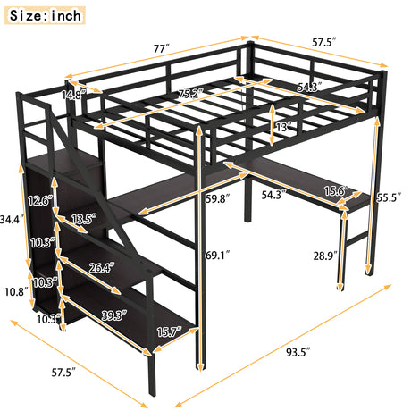 Full sized loft bed with L-shaped desk and USB, metal loft bed with wardrobe and adjustable shelf, black color - V.I.P Digital Presence