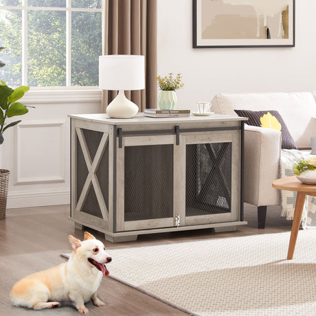 Farmhouse Dog Cage Crate Furniture with Sliding Barn Door, Farmhouse Wooden Dog Kennel End Table with Flip-top Plate Dog House - V.I.P Digital Presence
