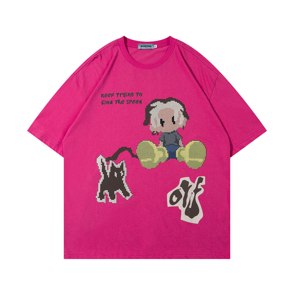 Fun Cartoon Anime Print Short Sleeve T-Shirt Men's High Street Trendy Half Sleeve Pure Cotton Round Neck Loose Tee - V.I.P Digital Presence