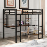 Full Size Loft Metal&MDF Bed with Long Desk and Shelves Black