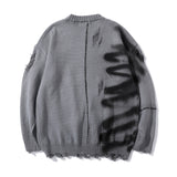 Graffiti Print Crew Neck Knit Sweater Men's Loose Fit Pullover with Hem Holes Street Style Trendy Design - V.I.P Digital Presence