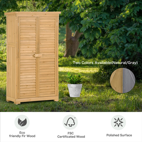 Wooden Garden Shed 3-tier Patio Storage Cabinet Outdoor Organizer Wooden Lockers with  Wood (Natural Wood Color -Shutter Design) - V.I.P Digital Presence