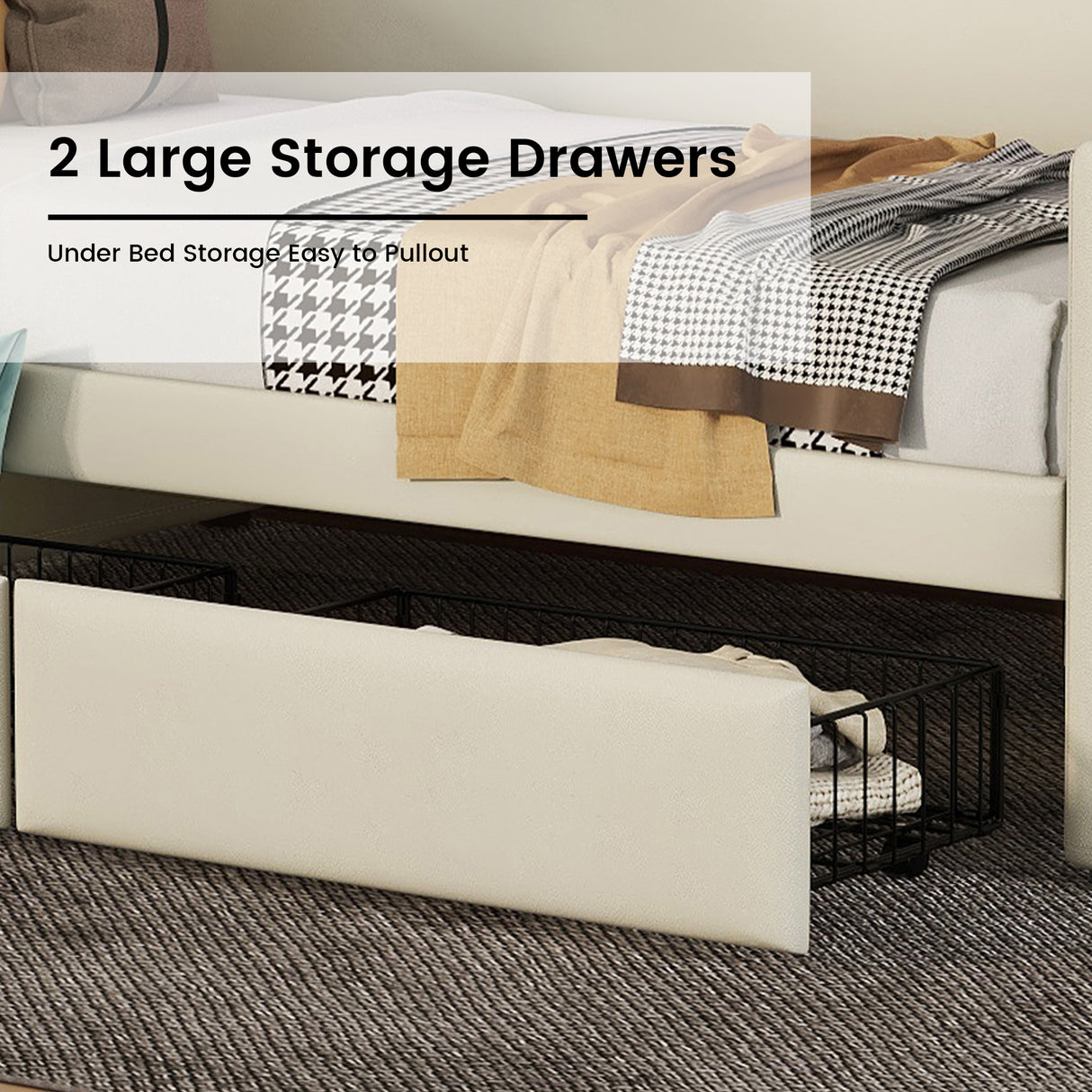 Twin Size Daybed with Storage Drawers, Upholstered Daybed with Charging Station and LED Lights, Beige - V.I.P Digital Presence