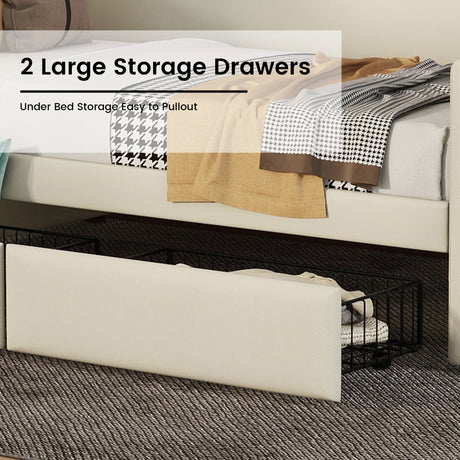 Twin Size Daybed with Storage Drawers, Upholstered Daybed with Charging Station and LED Lights, Beige - V.I.P Digital Presence