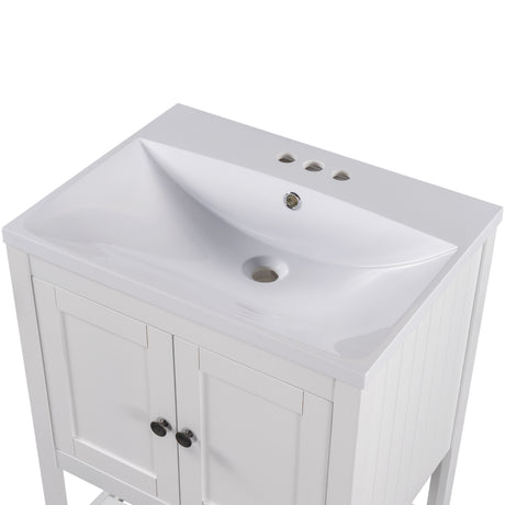 24" White Modern Sleek Bathroom Vanity Elegant Ceramic Sink with Solid Wood Frame Open Style Shelf - V.I.P Digital Presence