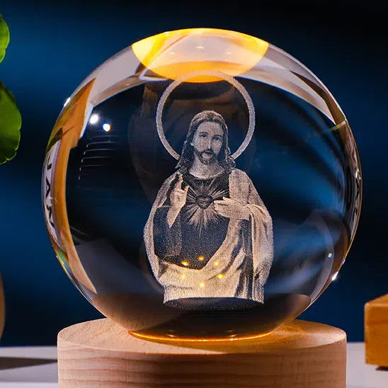 Luminous crystal ball with carved Jesus solid wood base for home decoration - V.I.P Digital Presence