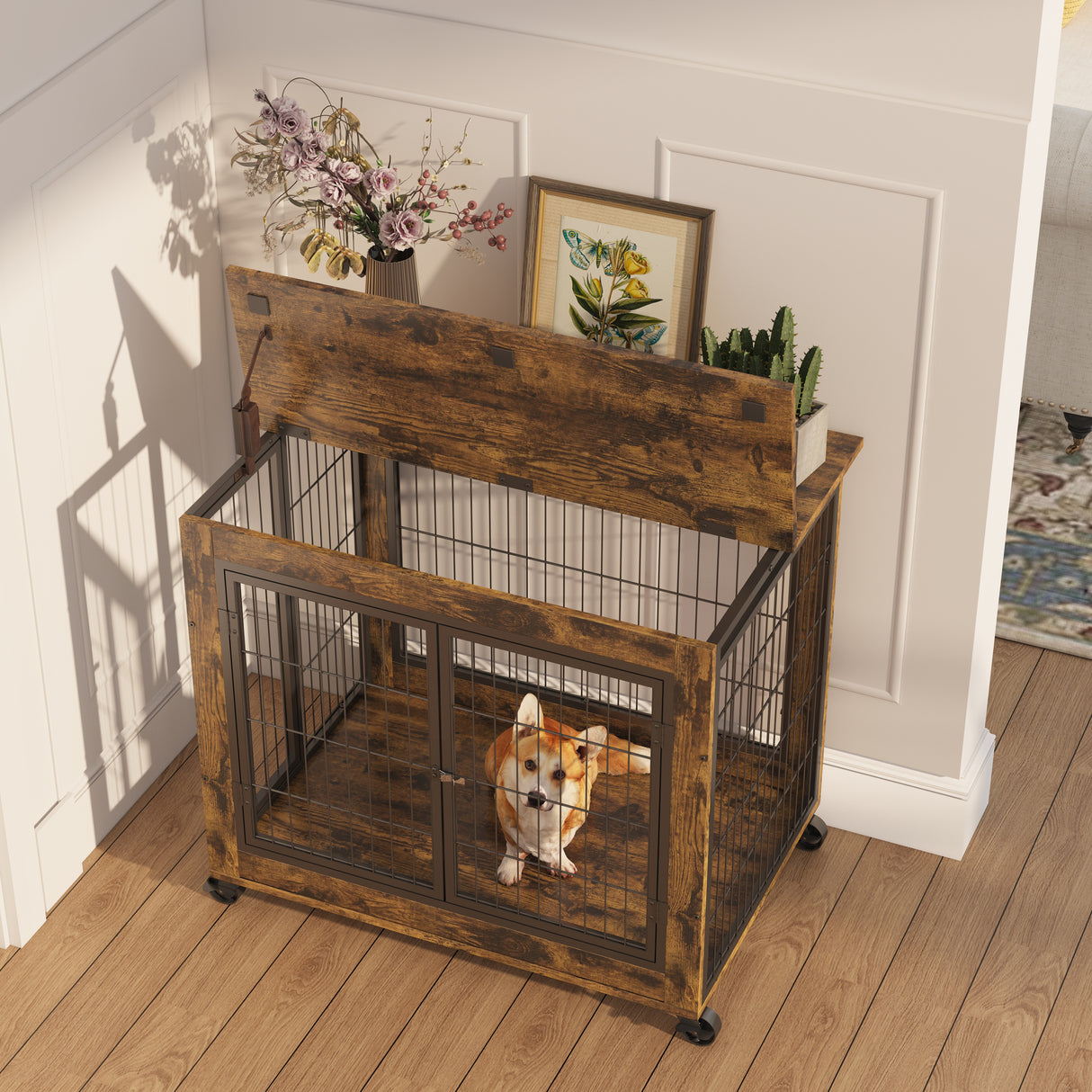 Furniture Style Dog Crate Side Table on Wheels with Double Doors and Lift Top. Rustic Brown, 31.50'' W x 22.05'' D x 25'' H. - V.I.P Digital Presence