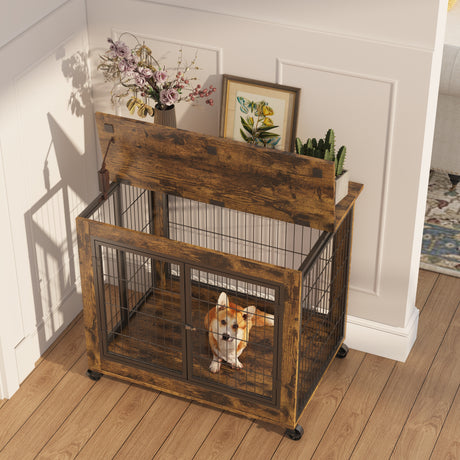Furniture Style Dog Crate Side Table on Wheels with Double Doors and Lift Top. Rustic Brown, 31.50'' W x 22.05'' D x 25'' H. - V.I.P Digital Presence