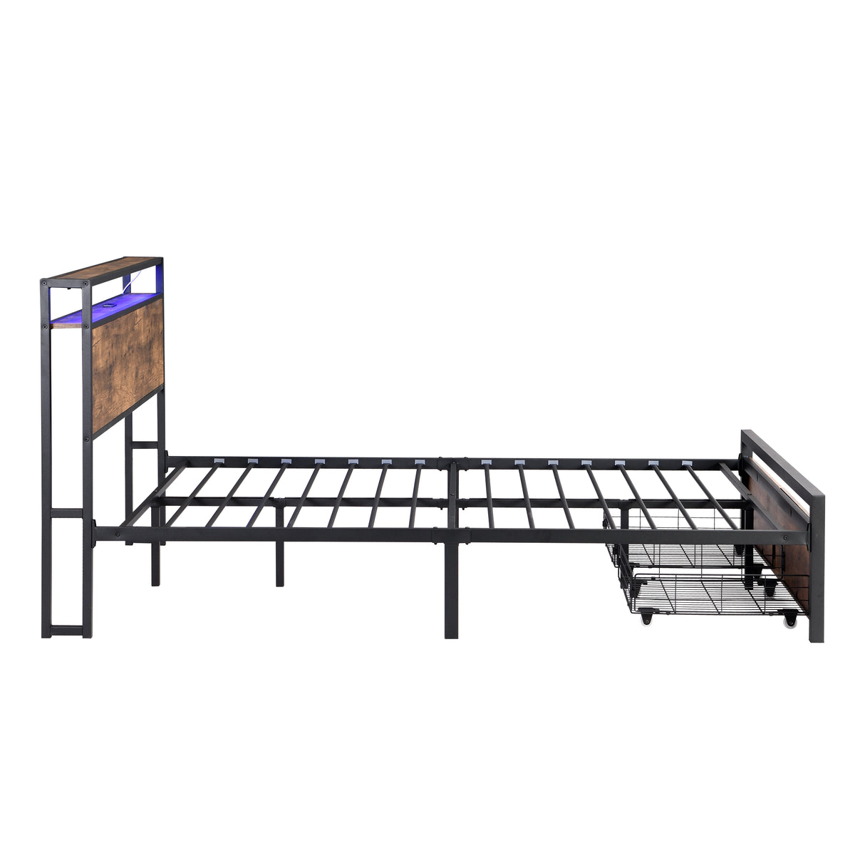 Large bed frame with storage headboard and 2 drawers, LED light bed, charging station, metal platform bed - V.I.P Digital Presence
