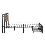 Large bed frame with storage headboard and 2 drawers, LED light bed, charging station, metal platform bed - V.I.P Digital Presence