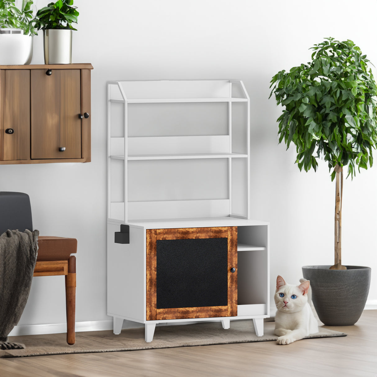 Graffiti with 2 storage racks and 1 door cat litter box shell, hidden cat litter box with rack shell furniture white - V.I.P Digital Presence