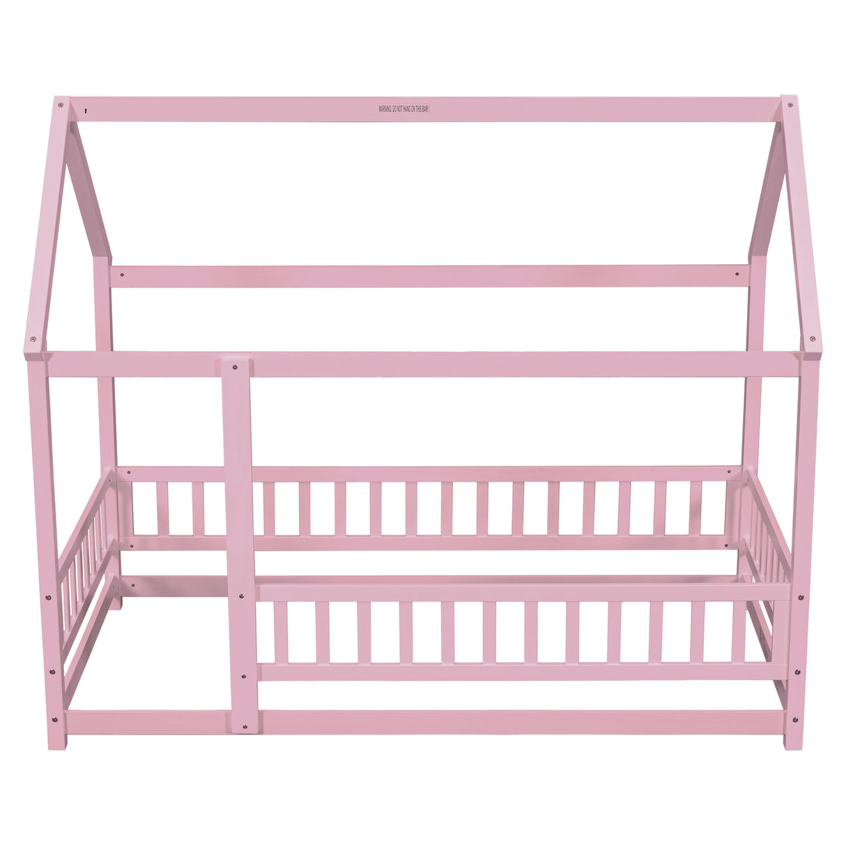 Twin Size Floor Wooden Bed with House Roof Frame, Fence Guardrails,Pink - V.I.P Digital Presence