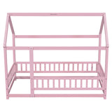 Twin Size Floor Wooden Bed with House Roof Frame, Fence Guardrails,Pink - V.I.P Digital Presence