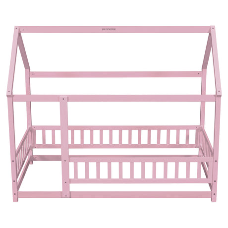Twin Size Floor Wooden Bed with House Roof Frame, Fence Guardrails,Pink - V.I.P Digital Presence