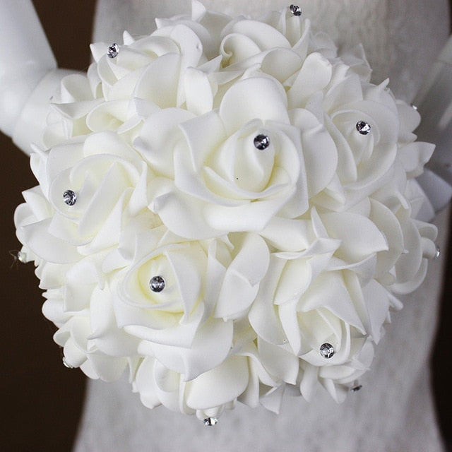 White Ivory Bridal Bridesmaid Flower Wedding Bouquet Artificial Flower Rose Bouquet Crystal Bridal Bouquets - V.I.P Digital Presence