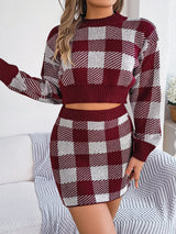 Plaid Knit Top & Skirt Sweater Set