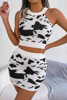 Chic Animal Print Contrast Knit Top & Mini Skirt Set