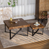 31.3"Modern Retro Splicing Square Coffee Table  Fir Wood Table Top with Cross Legs Metal Base (Set of 2 pcs )