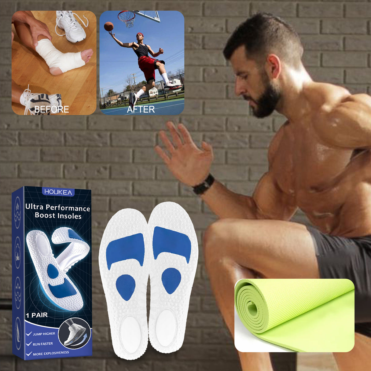 HOUKEA Ultra Performance Boost Insoles, Soft And Comfortable Elastic Insoles For Outdoor Sports Running Wear Resistant Non-Slip Care Insoles