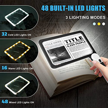Full-Page 5X Magnifying Glass for Reading, Folding Lighted Magnifier with 48 LED Lights, Rectangular Handhold Magnifier - V.I.P Digital Presence