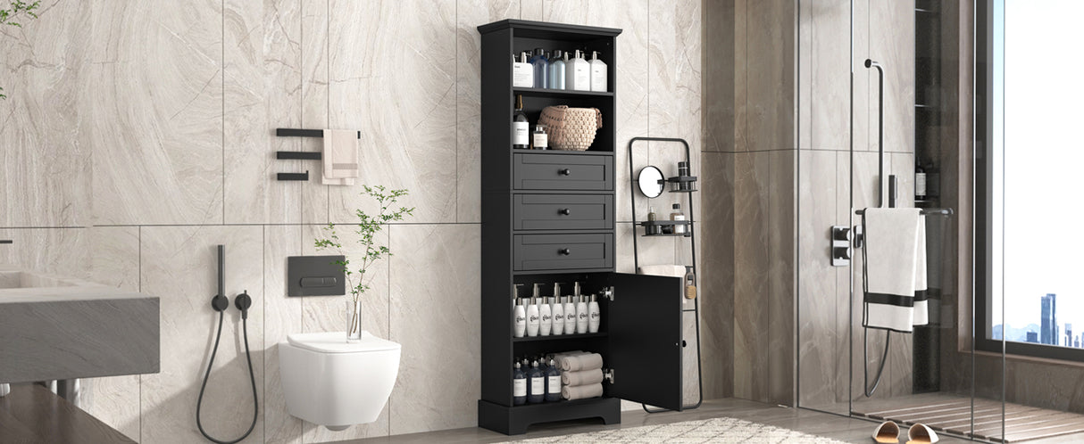 Black high storage cabinet with 3 drawers and adjustable shelves, MDF board painted - V.I.P Digital Presence