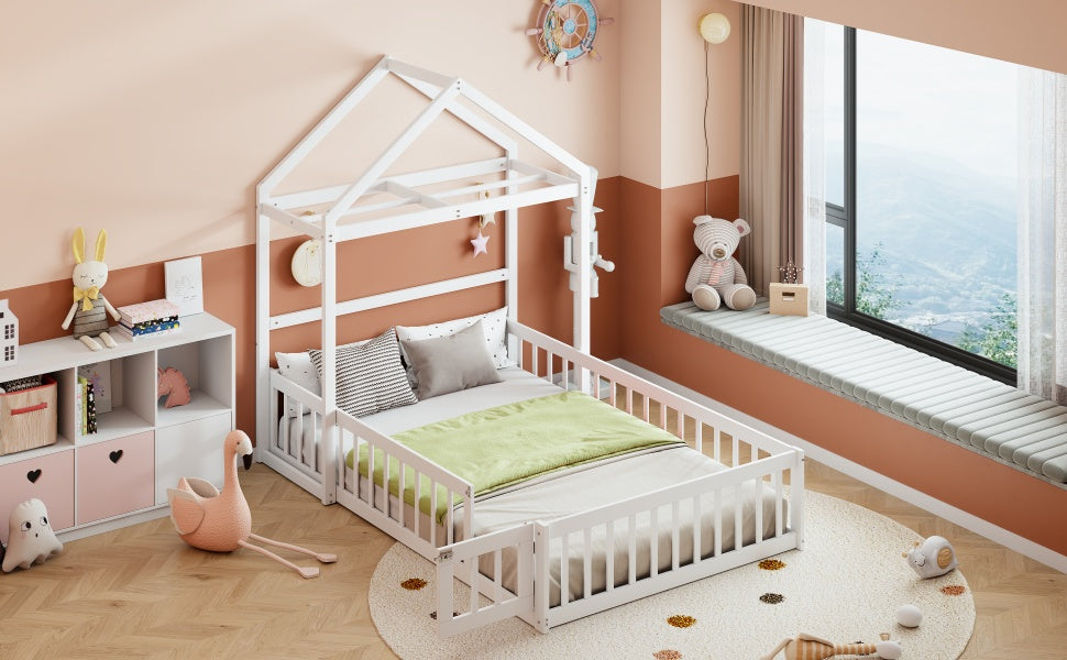 Wooden Full Size Children's Bed with Detachable Headboard and Integrated Clothes Drying Rack, White - V.I.P Digital Presence