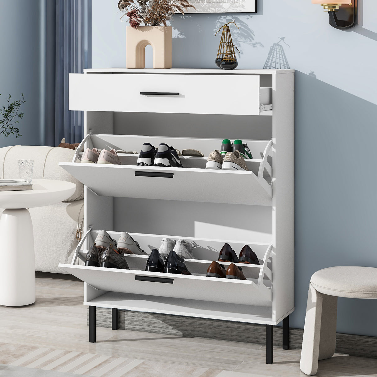 Independent shoe rack storage box with drawers and metal legs, modern shoe cabinet with 2 flippable drawers - V.I.P Digital Presence