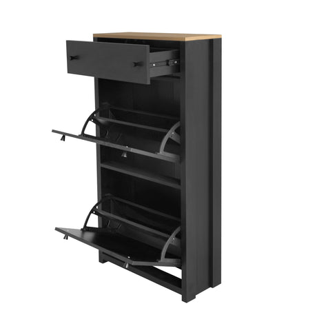ONTREND with 2 flip drawers, top shoe cabinet with drawers, independent shoe rack with adjustable panel, for hallway use, black - V.I.P Digital Presence
