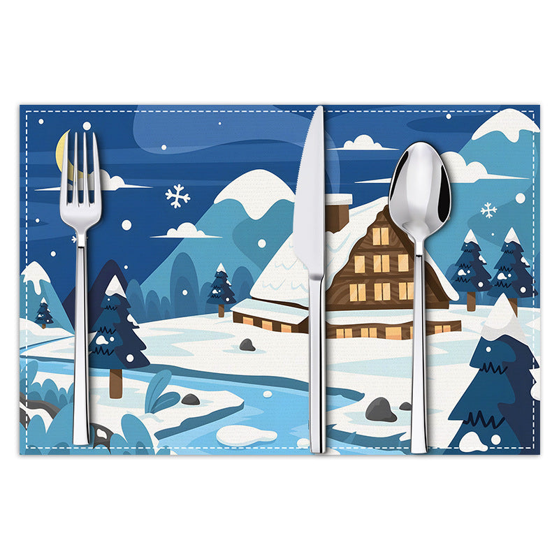 Christmas placemat white hemp Christmas scenery print home table mat living room dining table coaster - V.I.P Digital Presence