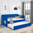 Blue padded twin beds with wheels, velvet fabric, no need for springs - V.I.P Digital Presence
