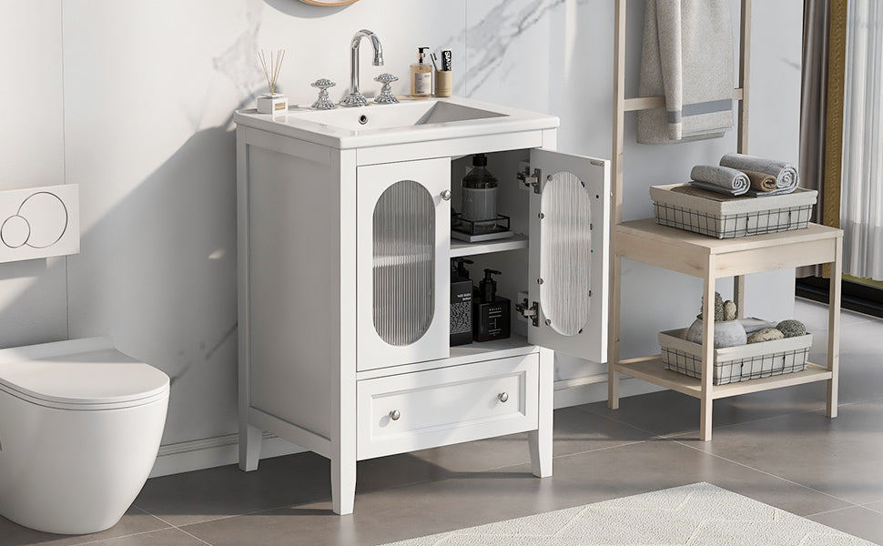 24" Bathroom Vanity with Sink, Bathroom Vanity Cabinet with One Drawer and Doors, Adjustable Shelf, Solid Wood and MDF, White - V.I.P Digital Presence
