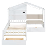 Twin Size House Bed with Upholstered Sofa, House Bed with Charging Station, Wireless Charging, Shelves and Two Drawers, White - V.I.P Digital Presence