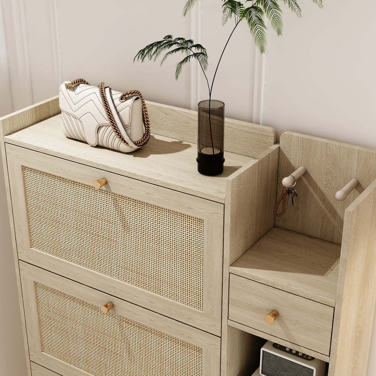 Natural Bohemian style shoe cabinet with 3 rattan flip drawers, 3 square shelves, and 1 storage drawer,  Natural - V.I.P Digital Presence