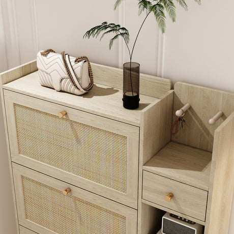 Natural Bohemian style shoe cabinet with 3 rattan flip drawers, 3 square shelves, and 1 storage drawer,  Natural - V.I.P Digital Presence