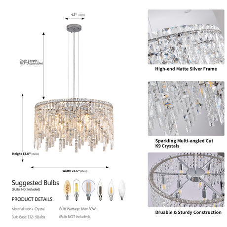 Deluxe round silver crystal chandelier, modern rectangular chandelier (excluding light bulbs) - V.I.P Digital Presence