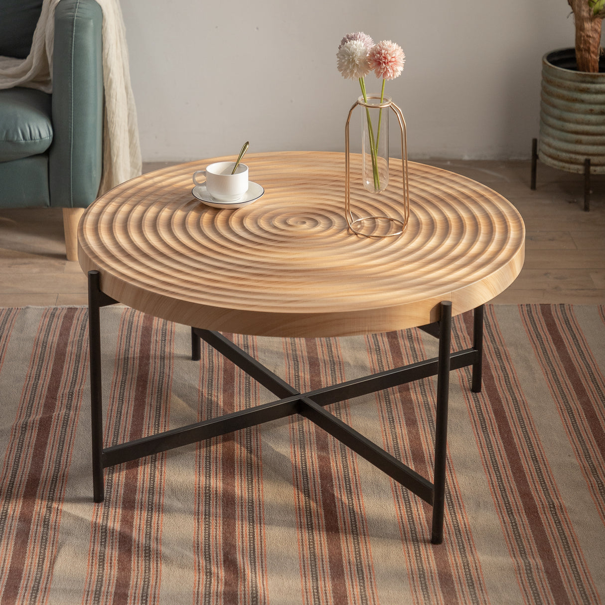 33"Modern Thread Design Round Coffee Table MDF Table Top with Cross Legs Metal Base