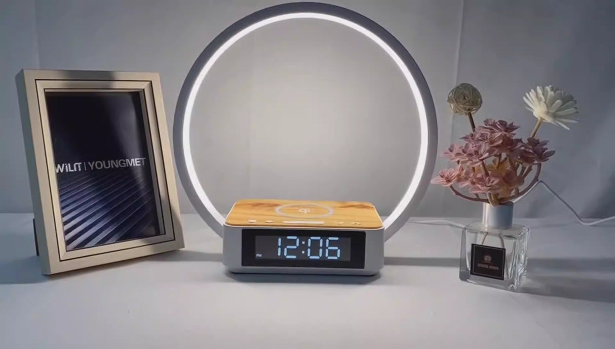 Lámpara de cabecera de cama recargable inalámbrica de lujo, popular, despertador para dormitorio, lectura, enchufe táctil de tres velocidades, luz nocturna con patrón de madera