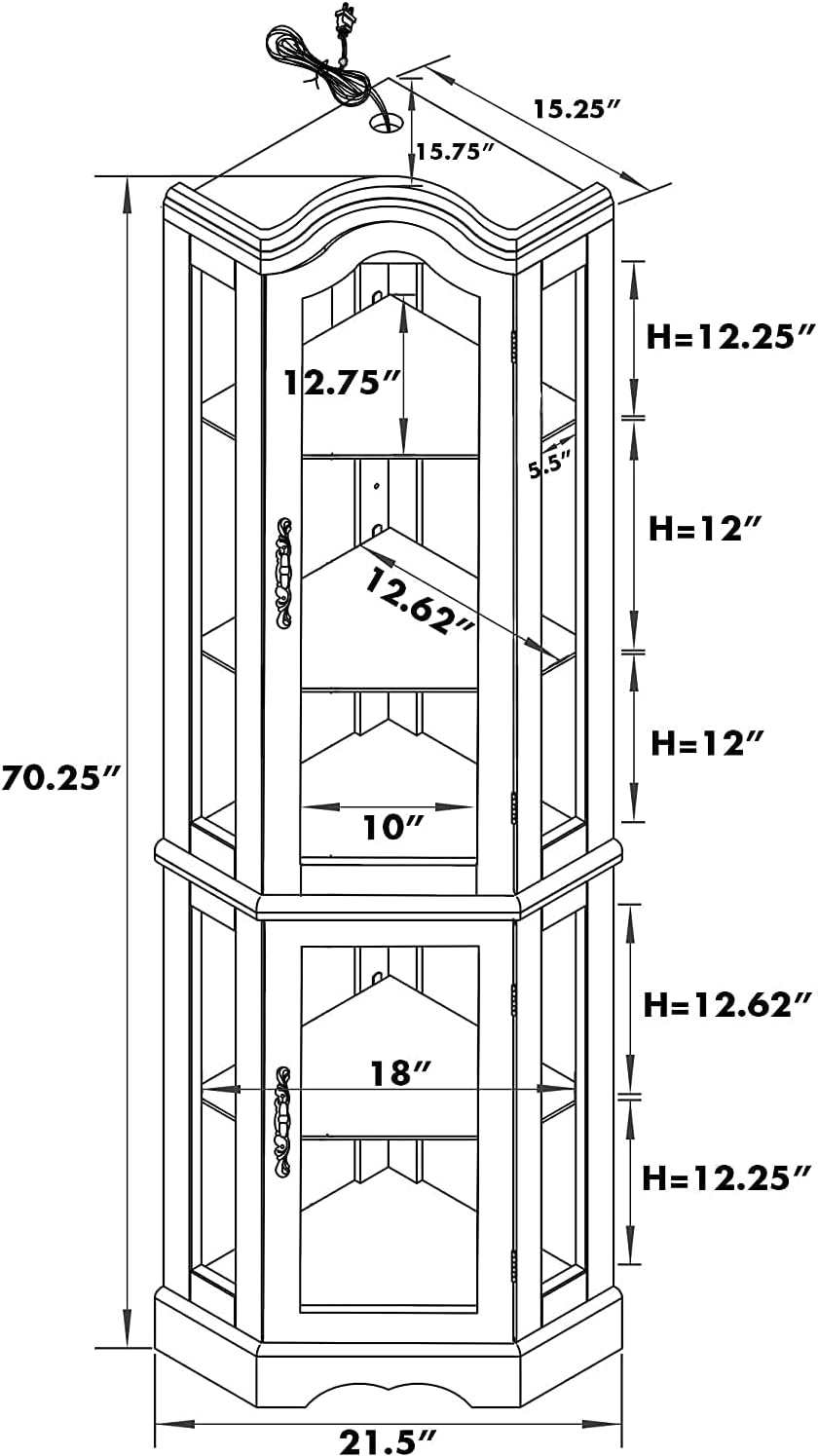 Corner Curio cabinet, adjustable tempered glass frame, rearview mirror, display cabinet, walnut wood (excluding E26 bulbs) - V.I.P Digital Presence