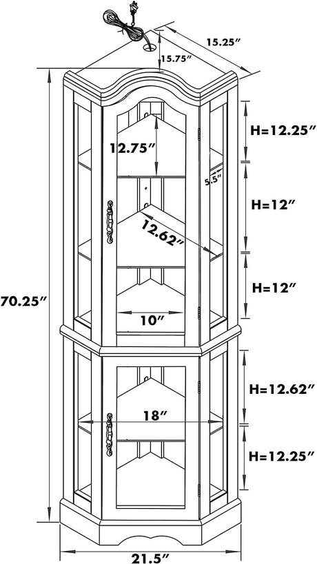 Corner Curio cabinet, adjustable tempered glass frame, rearview mirror, display cabinet, walnut wood (excluding E26 bulbs) - V.I.P Digital Presence