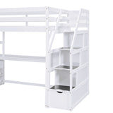 Twin Size Loft Bed with Desk and Shelves  Two Built-in Drawers  Storage Staircase White
