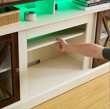 LED Farmhouse Style TV Stand for 65/70/75 inch TV with Outlet, Tall Body Media Entertainment Center Console - V.I.P Digital Presence