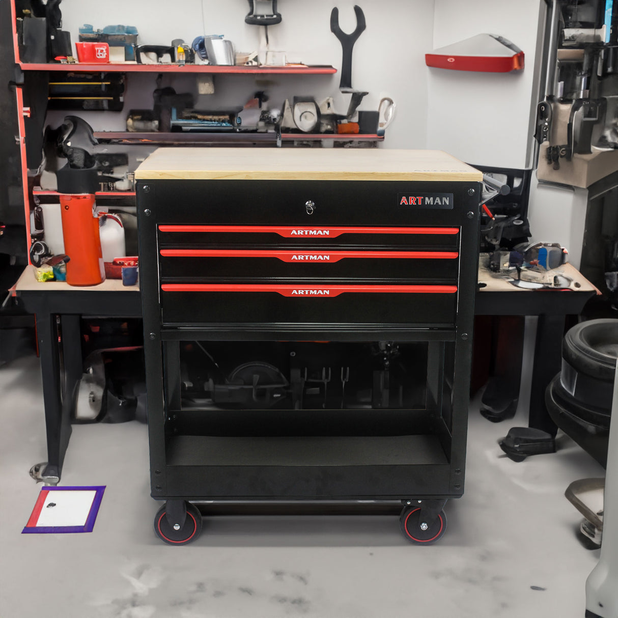 3 DRAWERS MULTIFUNCTIONAL TOOL CART WITH WHEELS AND WOODEN TOP - V.I.P Digital Presence