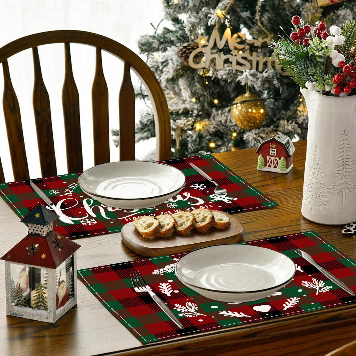 Christmas Tree Elk Printed Meal Mat Christmas Striped Checkered Table Mat White Hemp Western Food Mat - V.I.P Digital Presence
