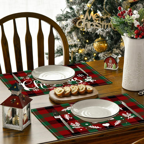 Christmas Tree Elk Printed Meal Mat Christmas Striped Checkered Table Mat White Hemp Western Food Mat - V.I.P Digital Presence