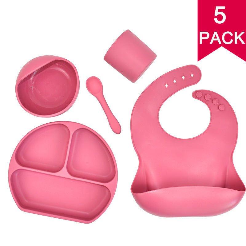 Juego de vajilla de silicona para niños, vajilla de alimentación complementaria para bebés, con bolsillo para saliva, ventosa, tazón, cuchara, plato de cena, babero, juego de 5 piezas