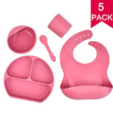 Juego de vajilla de silicona para niños, vajilla de alimentación complementaria para bebés, con bolsillo para saliva, ventosa, tazón, cuchara, plato de cena, babero, juego de 5 piezas