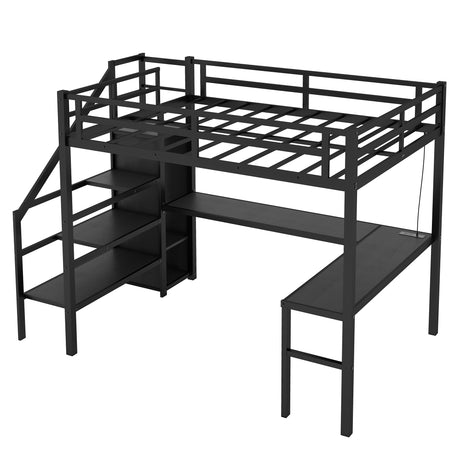 Full sized loft bed with L-shaped desk and USB, metal loft bed with wardrobe and adjustable shelf, black color - V.I.P Digital Presence
